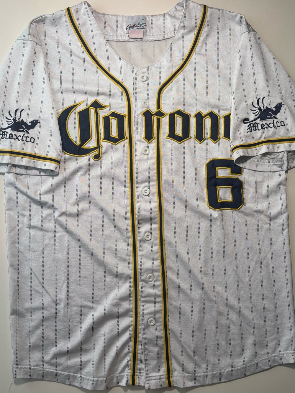 Y2K Corona White Pinstripe Baseball Jersey with Navy and Yellow Trim